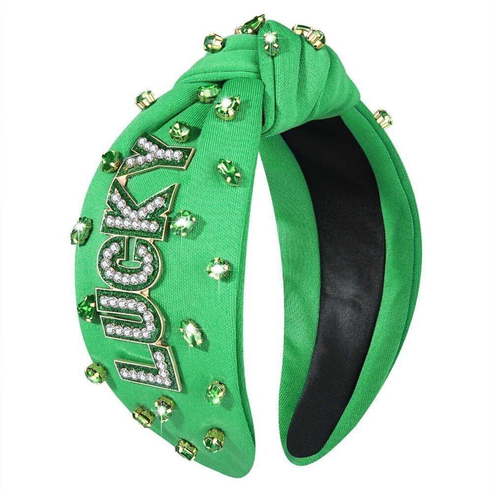 Embellished Crystal Rhinestone Knotted Headband - Green Shamrock Hair Accessorie
